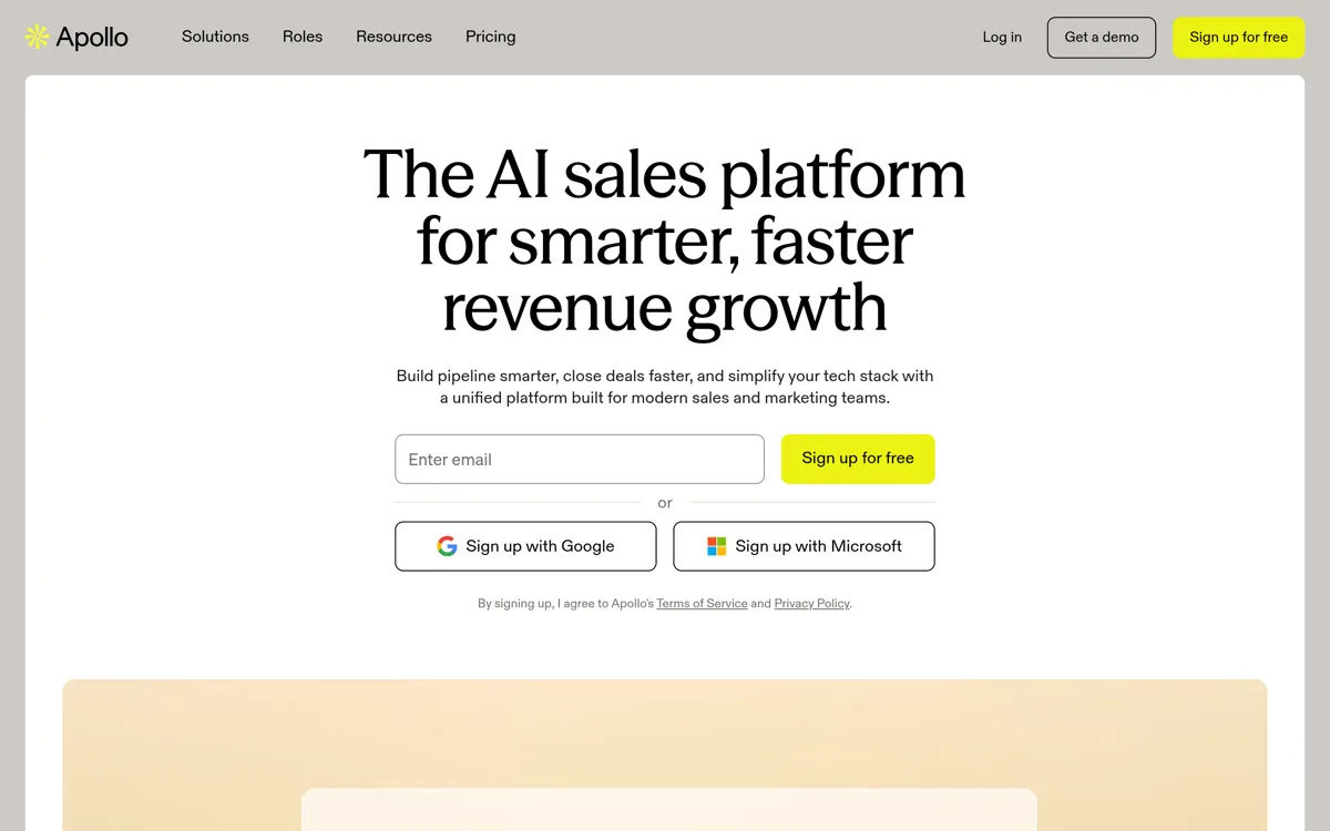 Apollo.io homepage: the AI sales platform interface