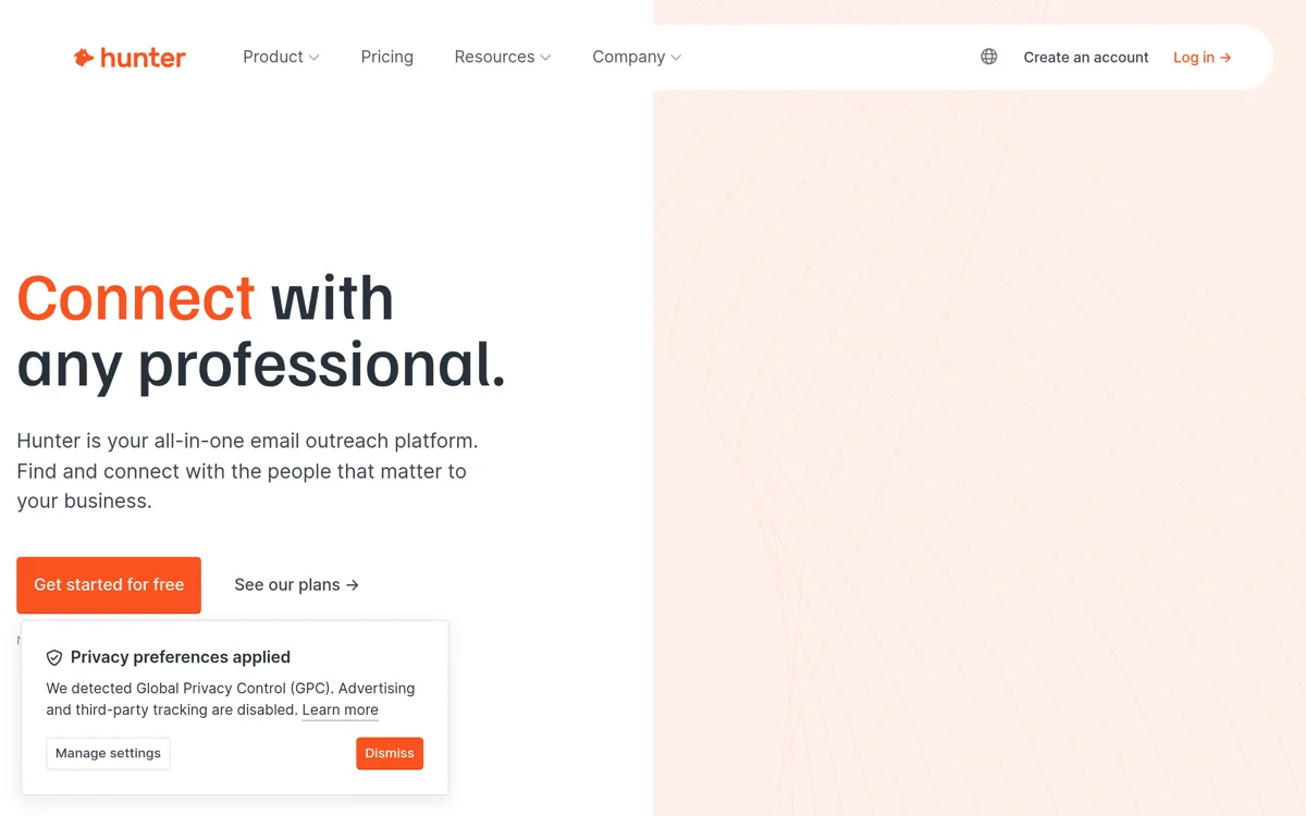 Hunter.io homepage and product interface