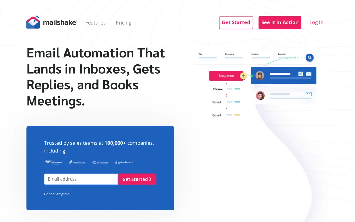 Mailshake homepage and product interface