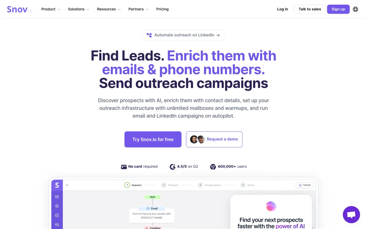 Snov.io homepage and product interface