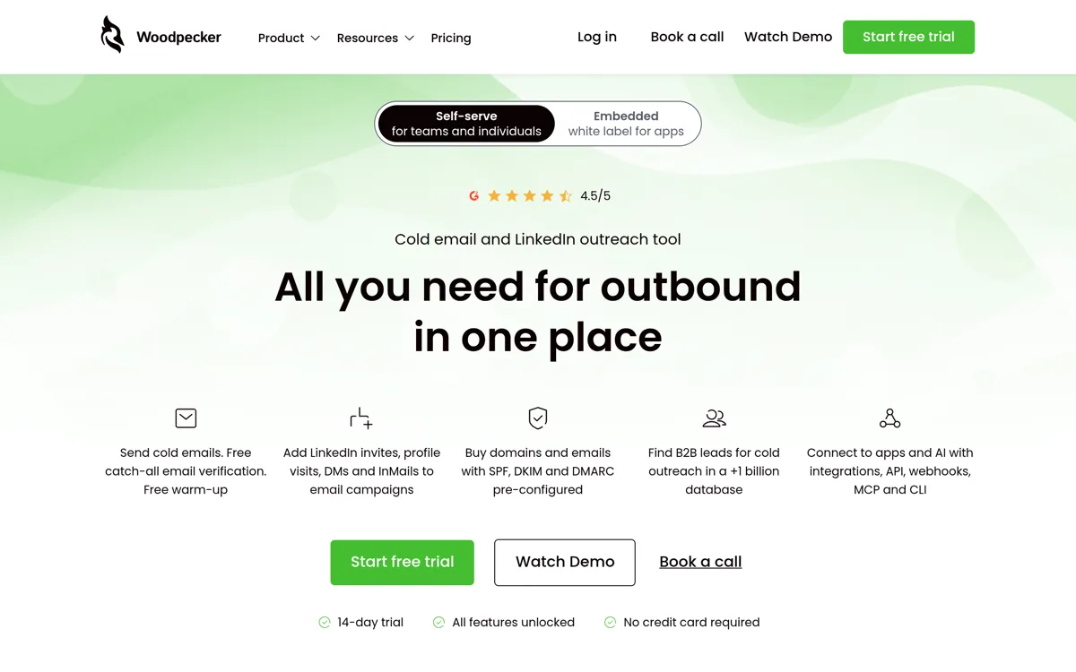 Woodpecker homepage and product interface