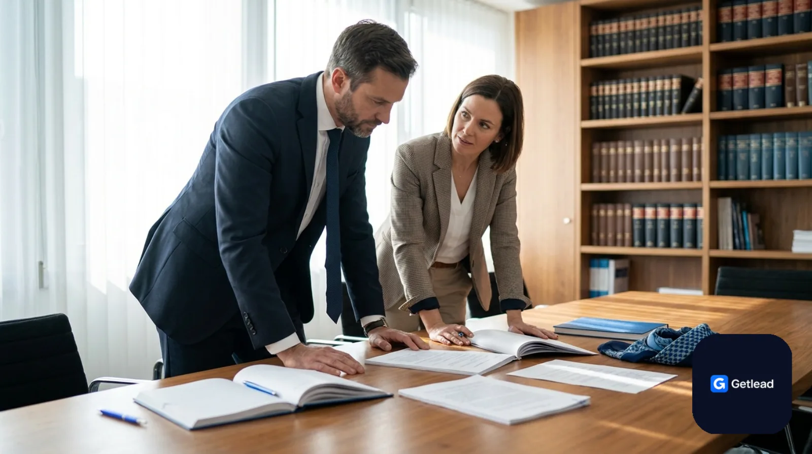 Attorney consulting with a business owner across a conference table