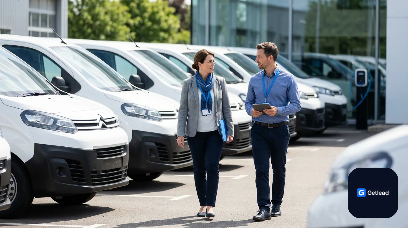 Fleet manager and sales professional walking past commercial vans