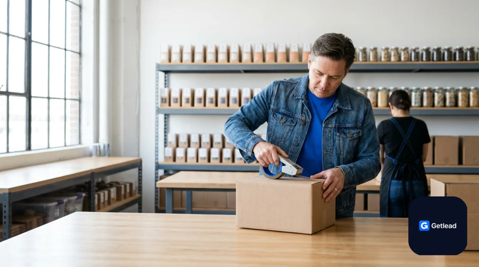 Brand founder packing product boxes in a studio warehouse