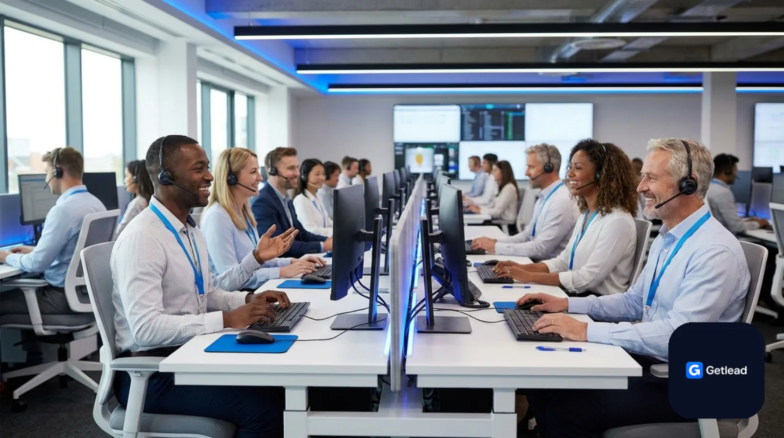 Modern call center floor with agents wearing headsets