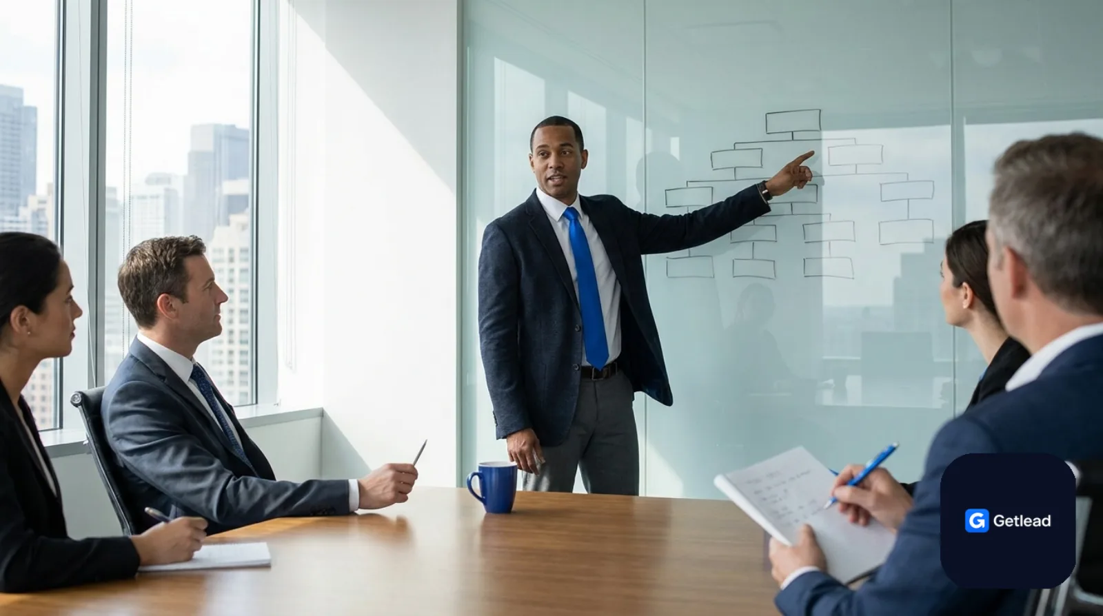 Consultant presenting a strategy chart to executives in a boardroom
