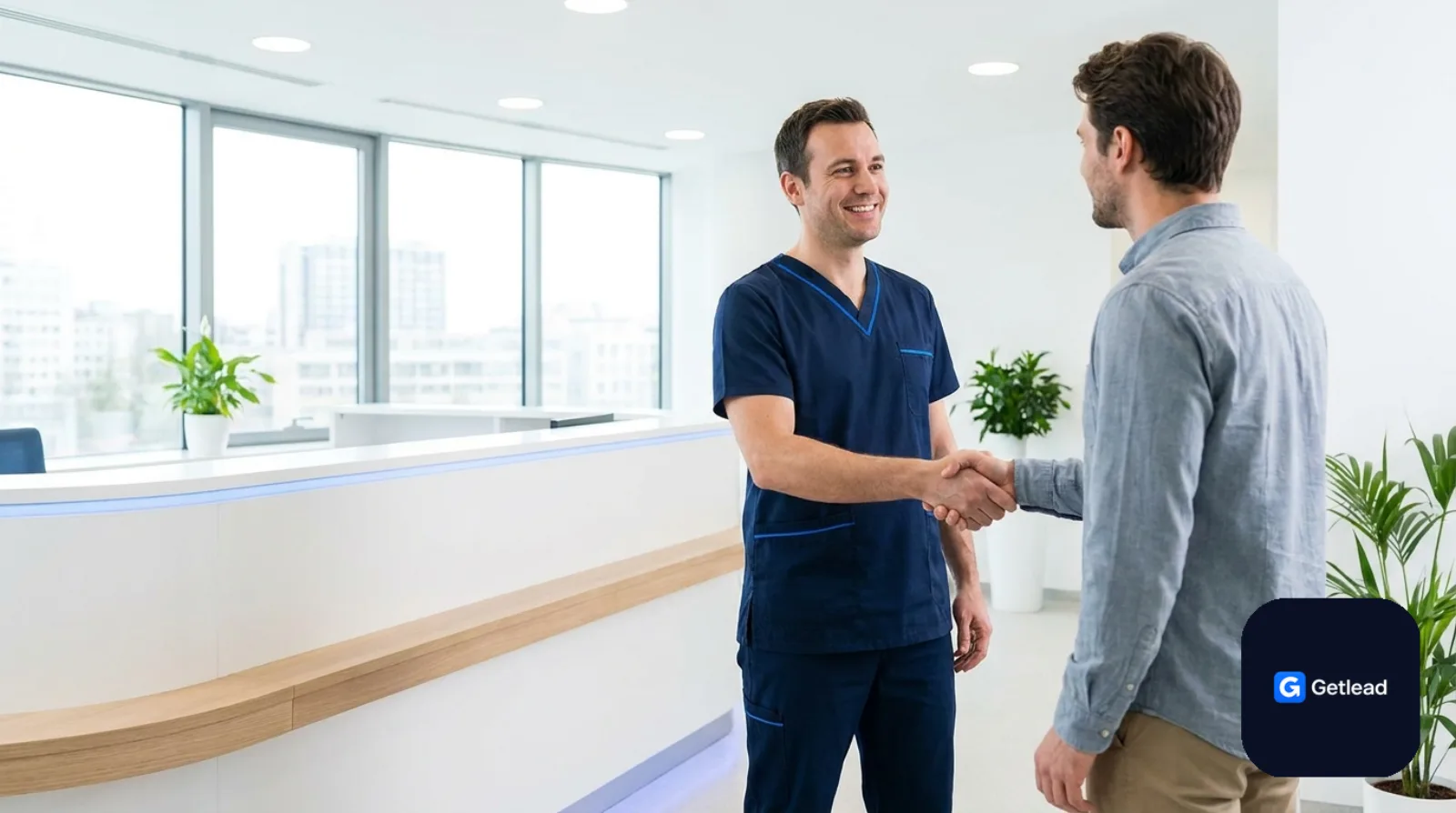 Modern dental clinic reception with a dentist greeting a patient