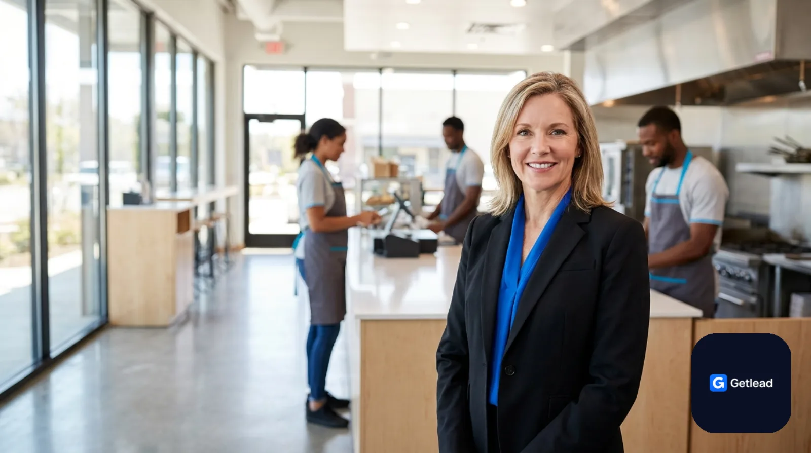 Franchise owner standing in a modern quick-service restaurant
