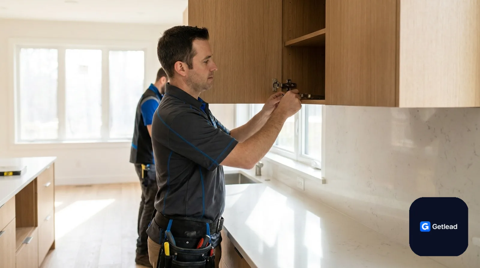 Contractor installing modern cabinetry in a bright home