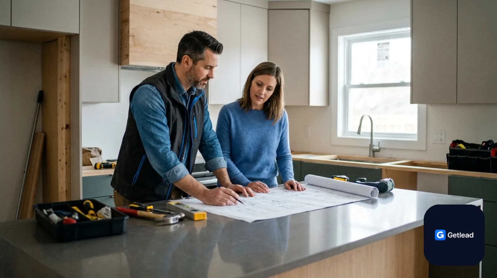 Remodeling contractor reviewing kitchen plans with a homeowner