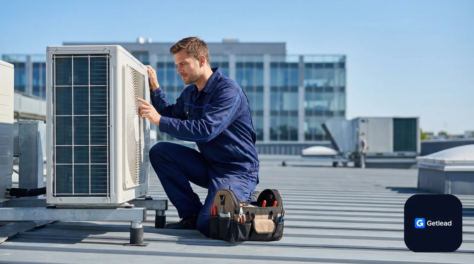 HVAC technician inspecting a rooftop commercial AC unit