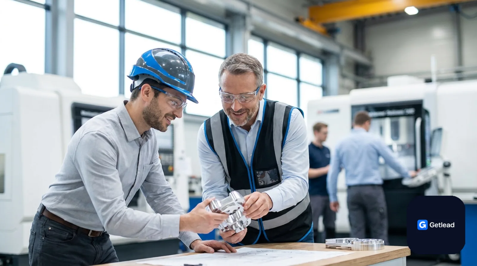 Engineer and plant manager discussing a machined part on a factory floor