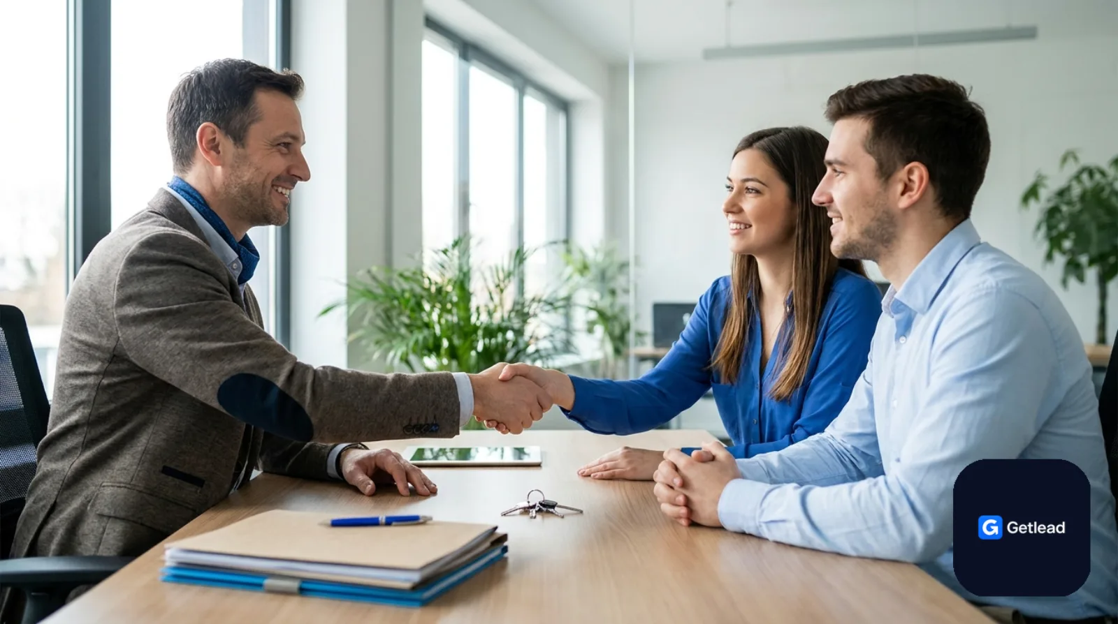 Mortgage broker shaking hands with a young couple at closing