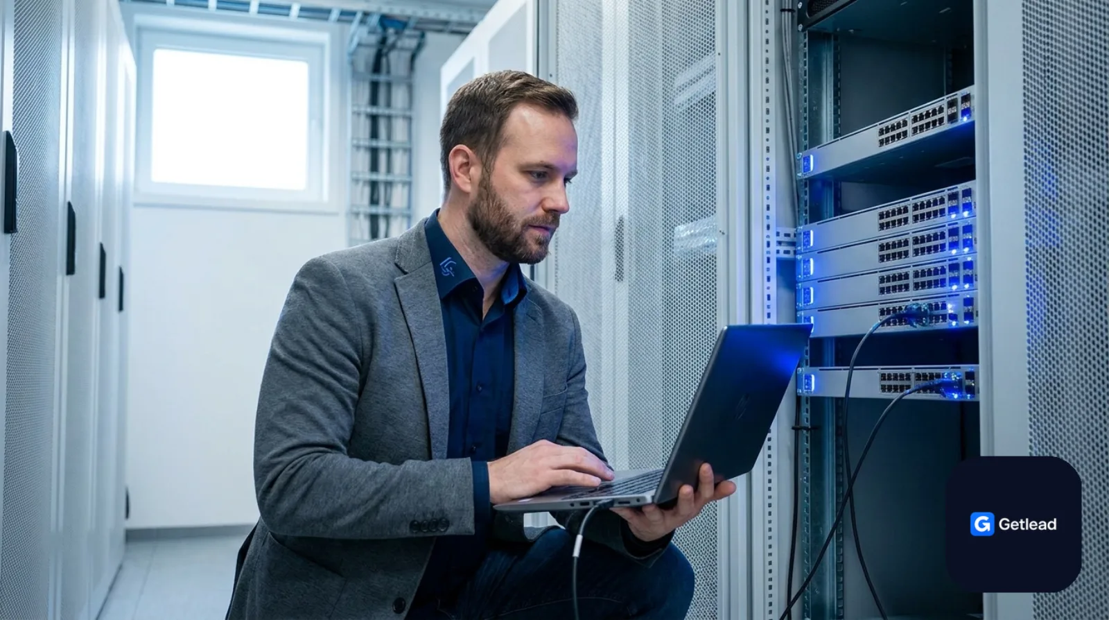 IT engineer checking network equipment in a server room