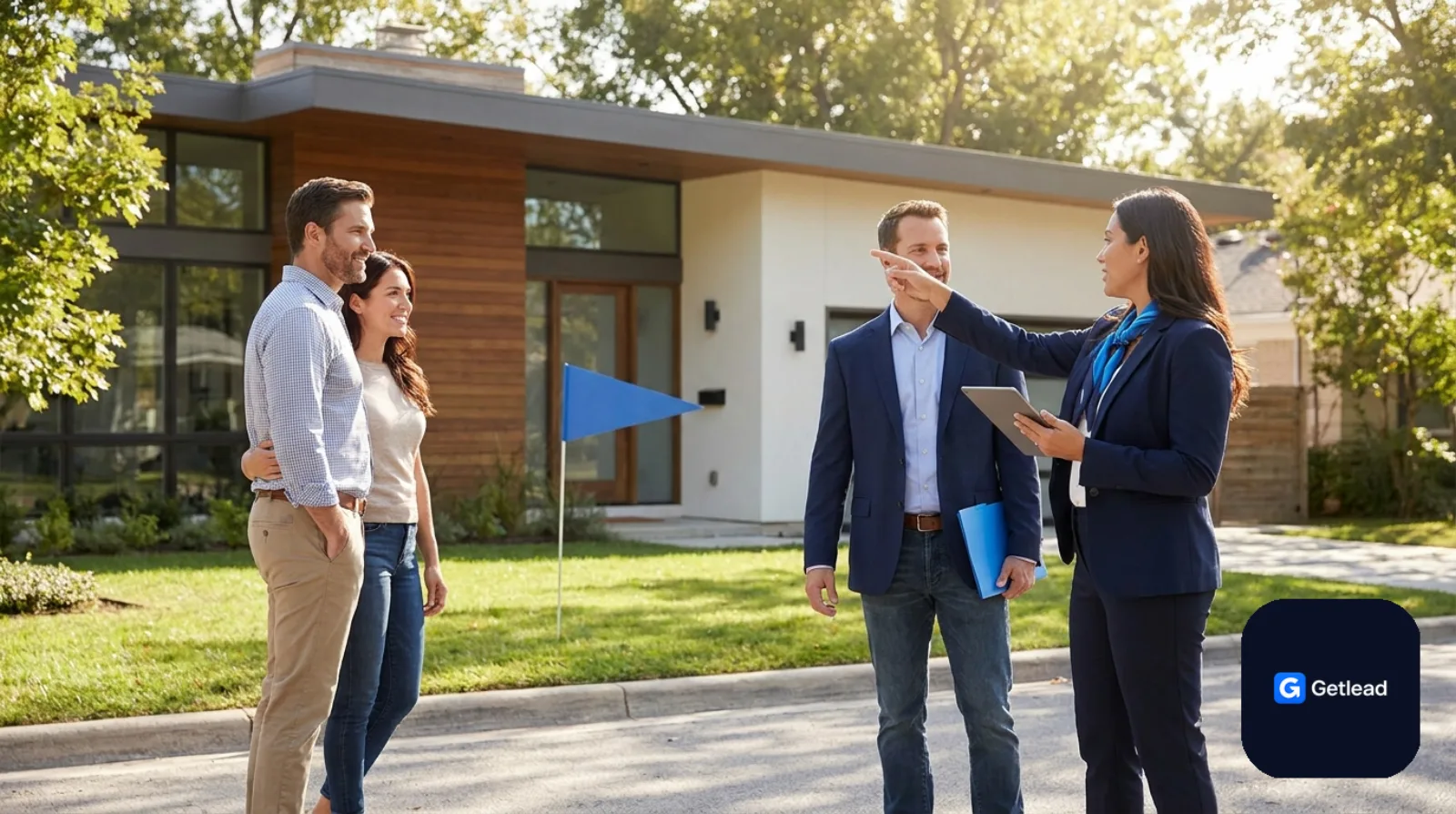 Real estate agent showing a modern house to a couple