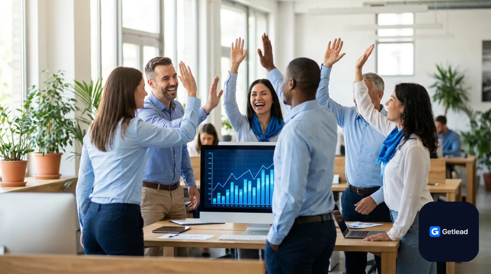 Sales team celebrating around a screen with rising charts