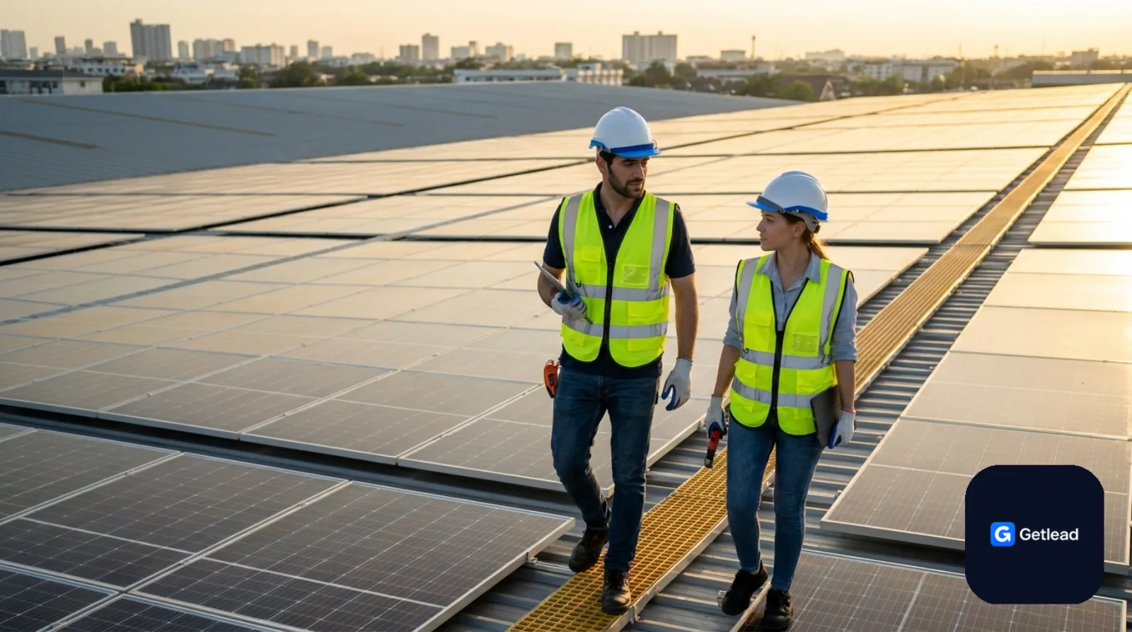Solar installers on a commercial warehouse rooftop covered in panels