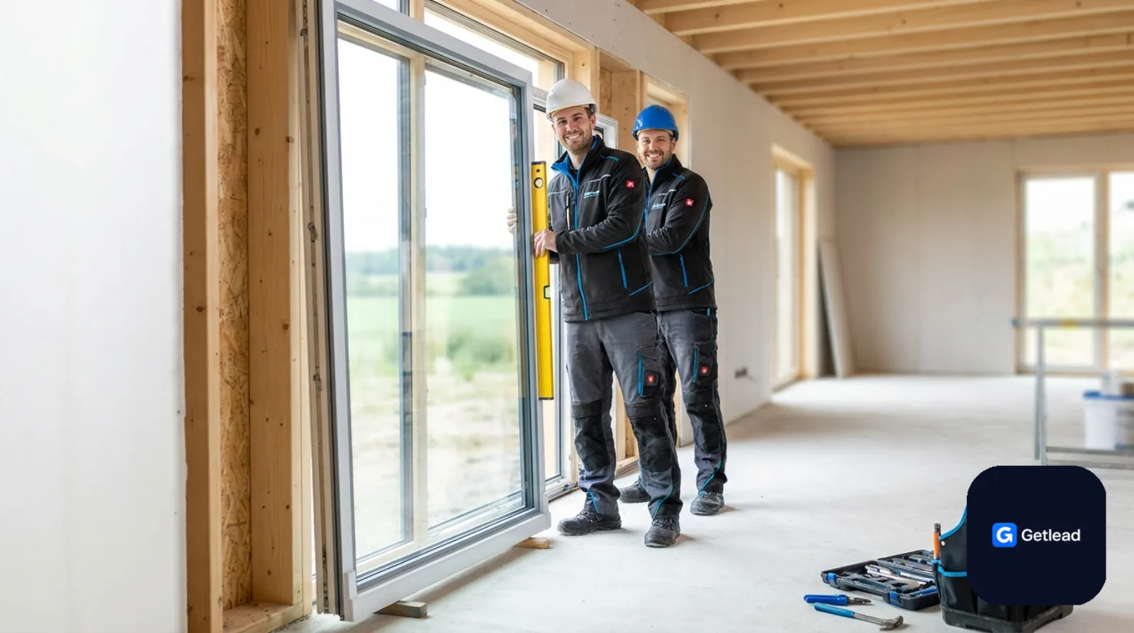 Installers fitting a large modern window into a new home